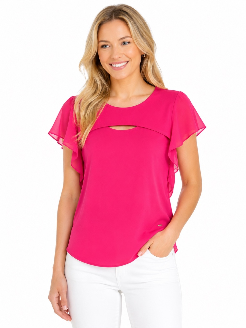Calvin Klein Hot Pink Flutter Sleeve  and Keyhole Neckline Blouse